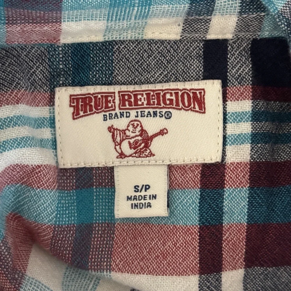 True Religion Shirt Mens Small Blue Red Plaid Flannel‎ Style Dual Pocket Casual